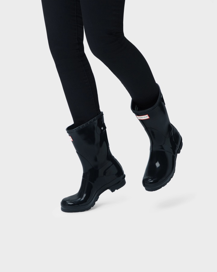 Hunter Women's Short Back Adjustable Gloss Rain Boots Black