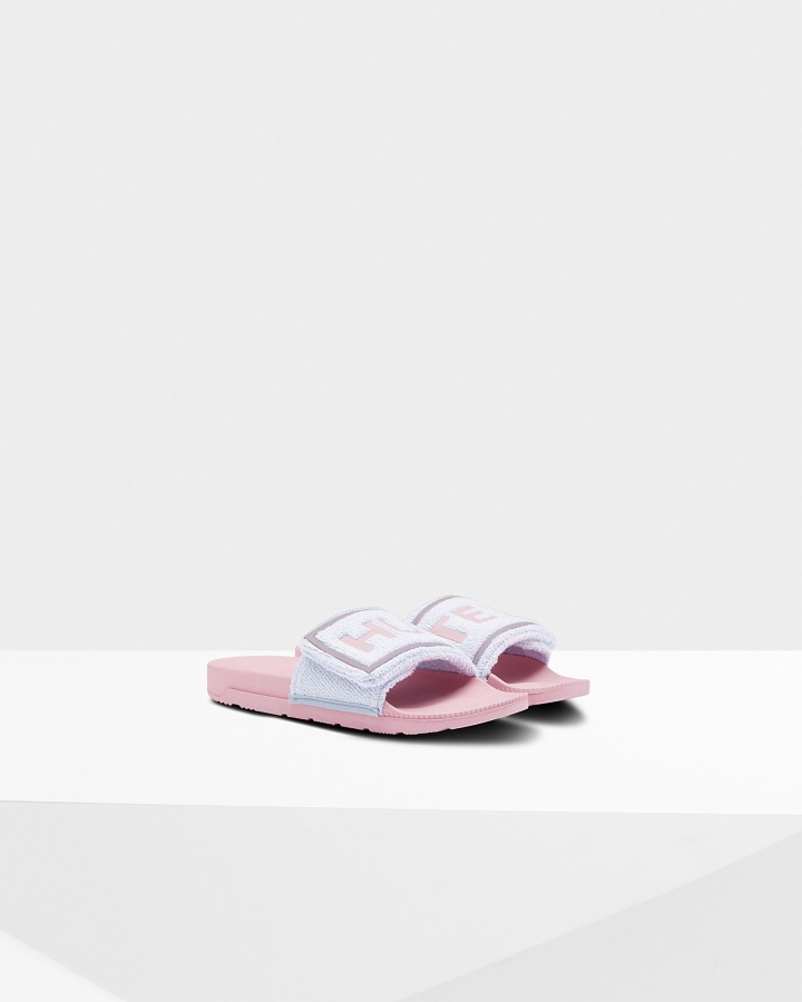 Hunter Women's Terry Towelling Logo Adjustable Slides Arctic Iris Blue-Foxglove Pink
