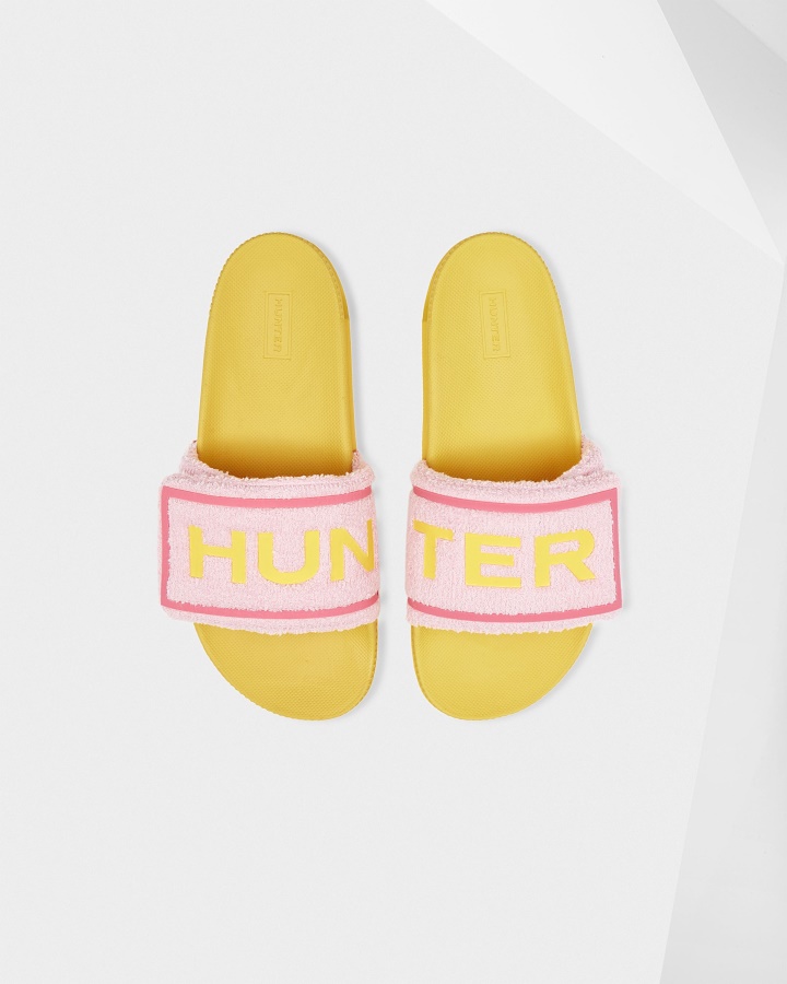 Hunter Women's Terry Towelling Logo Adjustable Slides Foxglove Pink-Primrose Yellow