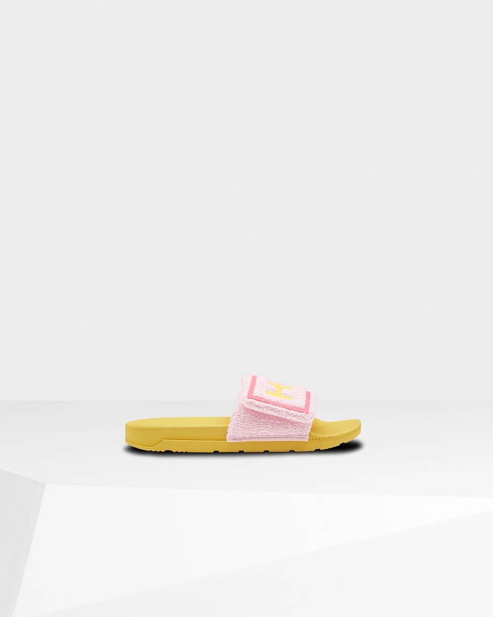 Hunter Women's Terry Towelling Logo Adjustable Slides Foxglove Pink-Primrose Yellow