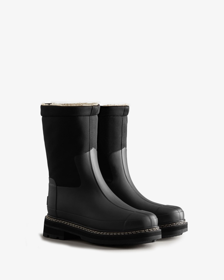 Hunter Women's Refined Stitch Roll Top Vegan Shearling Boots Black