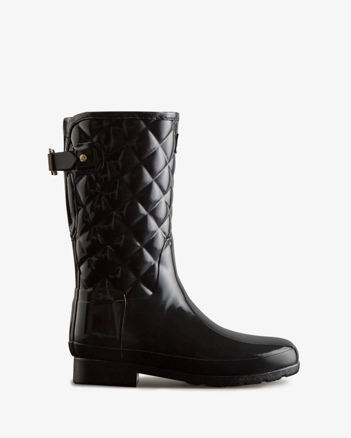 Hunter Women's Refined Slim Fit Adjustable Quilted Short Rain Boots Black