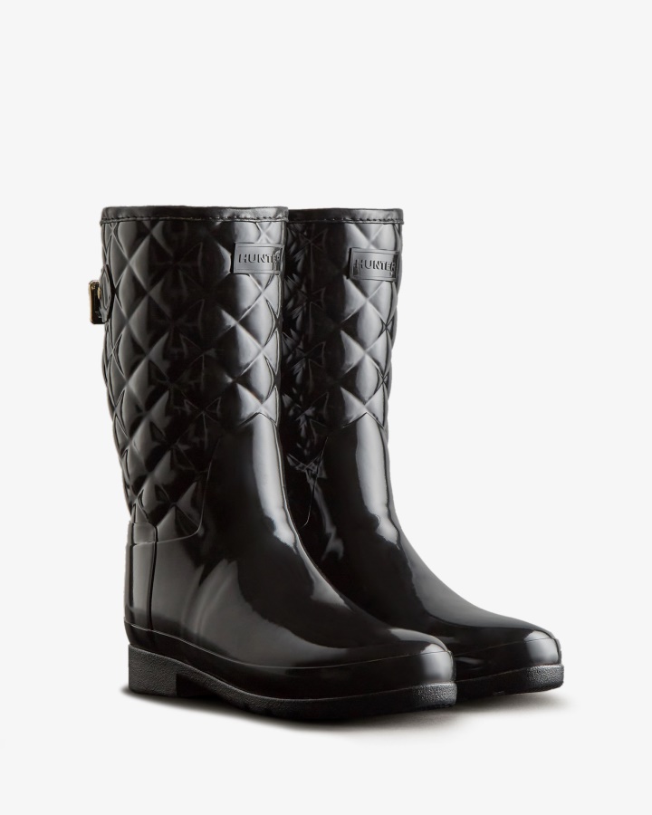 Hunter Women's Refined Slim Fit Adjustable Quilted Short Rain Boots Black