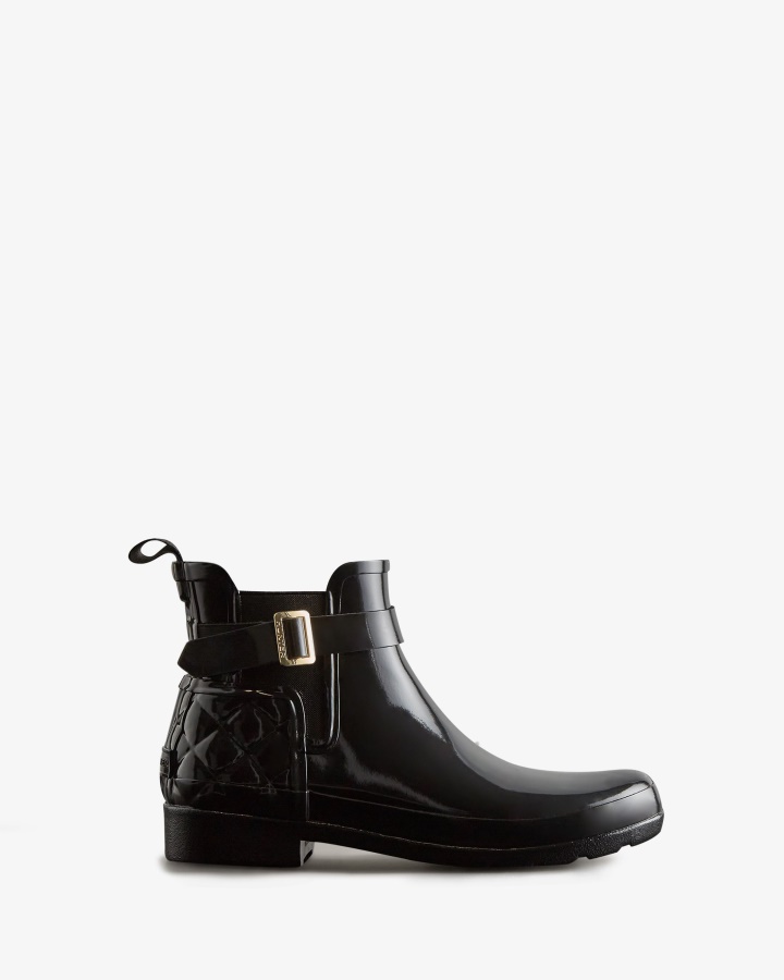 Hunter Women's Refined Slim Fit Quilted Gloss Chelsea Boots Black