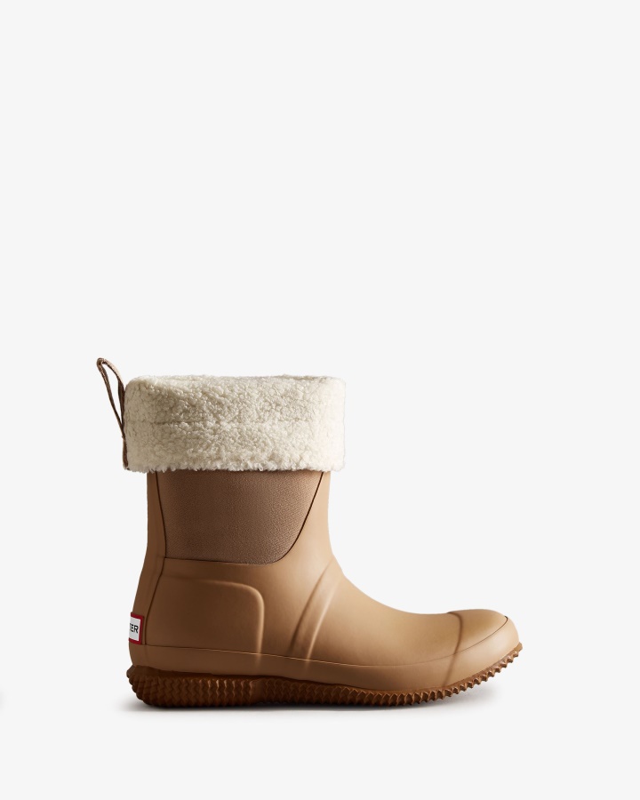 Hunter Women's Insulated Roll Top Vegan Shearling Boots Tawny Brown