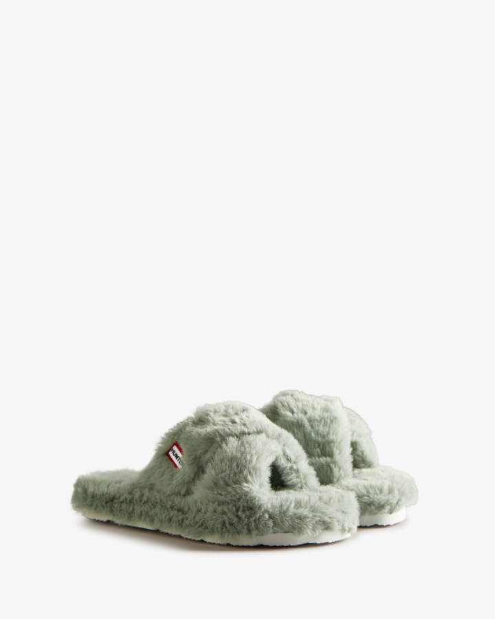 Hunter Women's Faux Fur Flatform Crossover Slide Sweet Gale Green
