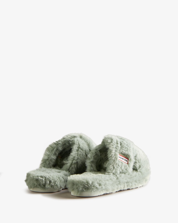Hunter Women's Faux Fur Flatform Crossover Slide Sweet Gale Green