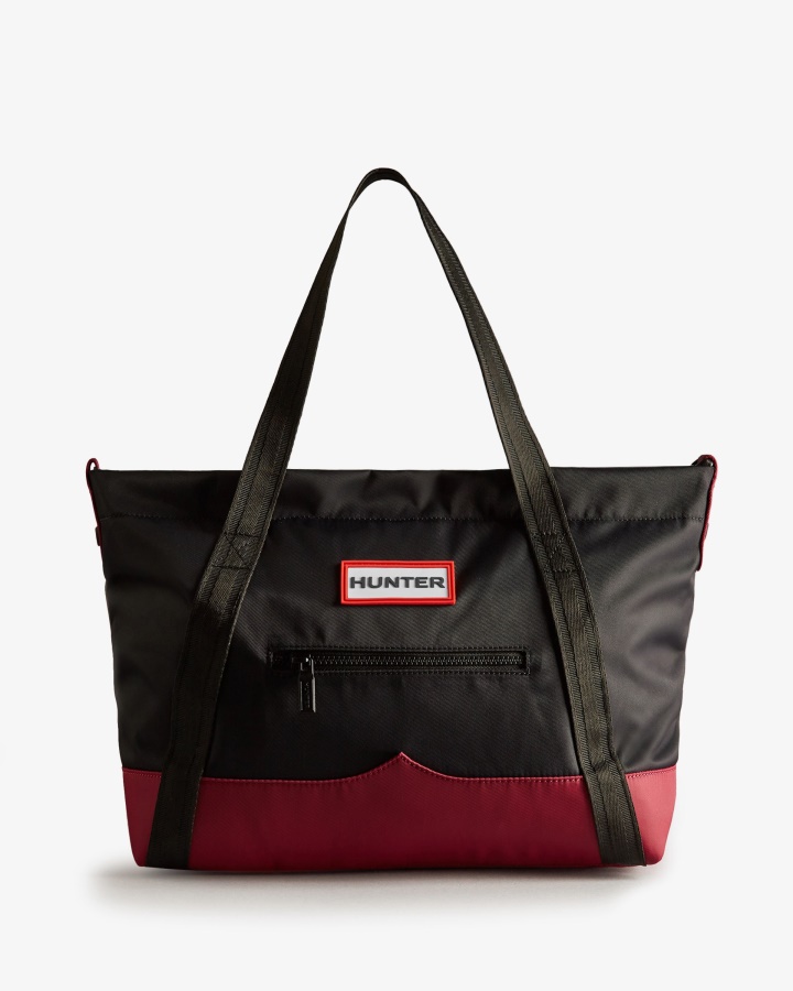 Hunter Repurposed Nylon Medium Top Clip Tote Bag Black Grey Multi