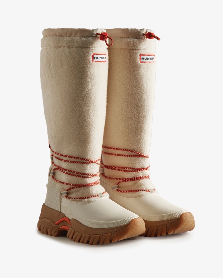 Hunter Women's Wanderer Vegan Shearling Insulated Tall Snow Boots White Willow-Gum