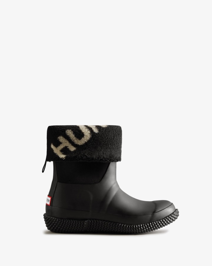 Hunter Women's Insulated Roll Top Logo Vegan Shearling Boots Black-White Willow