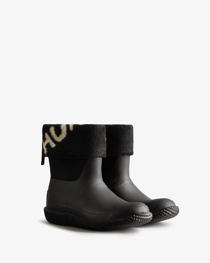 Hunter Women's Insulated Roll Top Logo Vegan Shearling Boots Black-White Willow