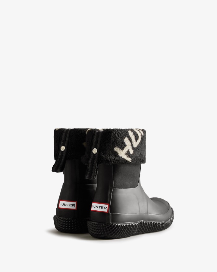 Hunter Women's Insulated Roll Top Logo Vegan Shearling Boots Black-White Willow