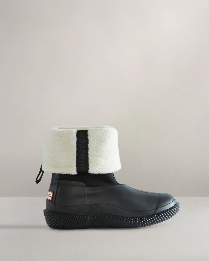 Hunter Women's Insulated Roll Top Webbing Vegan Shearling Boots Black-White Willow